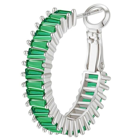 14K White Gold with Emerald Green Cubic Zirconia Drop Hoop Leverback Earrings main image 2
